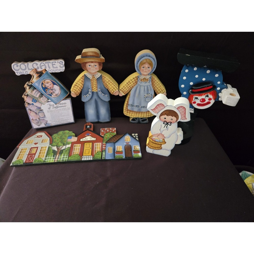 Lot Of 6 Vintage Wooden Hand Painted Plaques/Decorations. Various Sizes